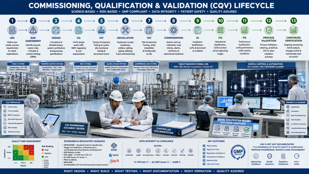 Commissioning Qualification Validation CQV lifecycle in pharmaceutical manufacturing from URS through IQ OQ PQ and continued verification