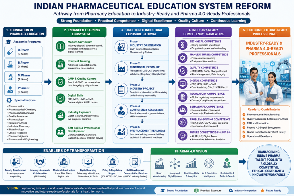 Indian pharmaceutical education system reform pathway showing pharmacy education, practical GMP training, industrial exposure, competency development, digital pharmaceutical skills, and the progression toward industry-ready and Pharma 4.0-ready professionals.