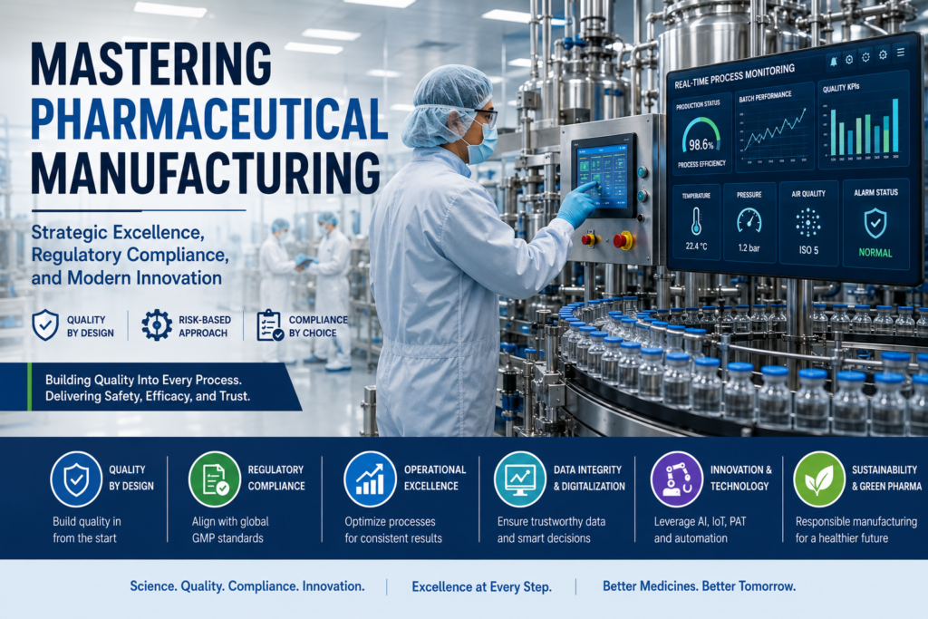 Modern pharmaceutical manufacturing cleanroom with GMP production equipment, digital process monitoring, quality compliance, and operational excellence.