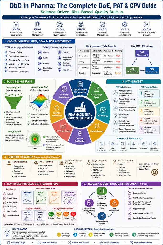 Pharmaceutical QbD lifecycle infographic showing QTPP, CQAs, risk assessment, DoE, design space, PAT, control strategy, process qualification, CPV, and continuous improvement