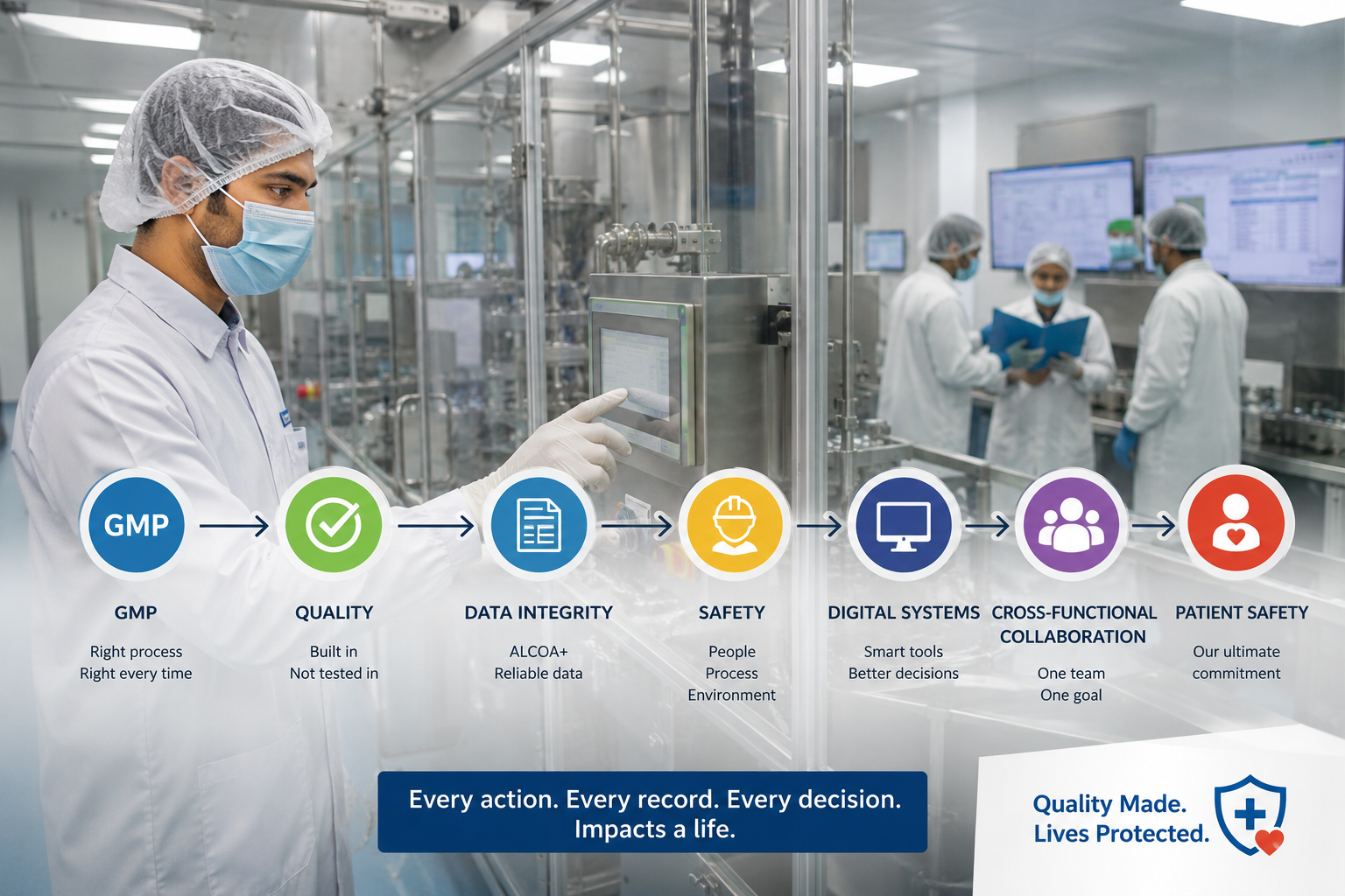 Pharmaceutical professional demonstrating GMP, quality and systems thinking in a modern pharmaceutical manufacturing environmen