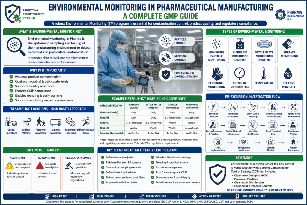 Environmental Monitoring in Pharma – GMP cleanroom monitoring, sampling methods, EM limits and excursion investigation