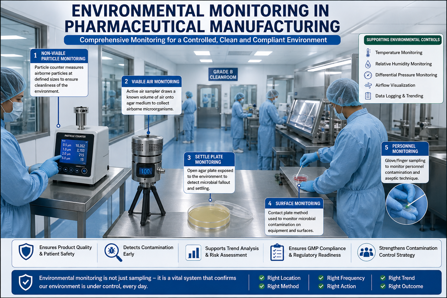 Environmental Monitoring in Pharma showing cleanroom air, surface and personnel monitoring