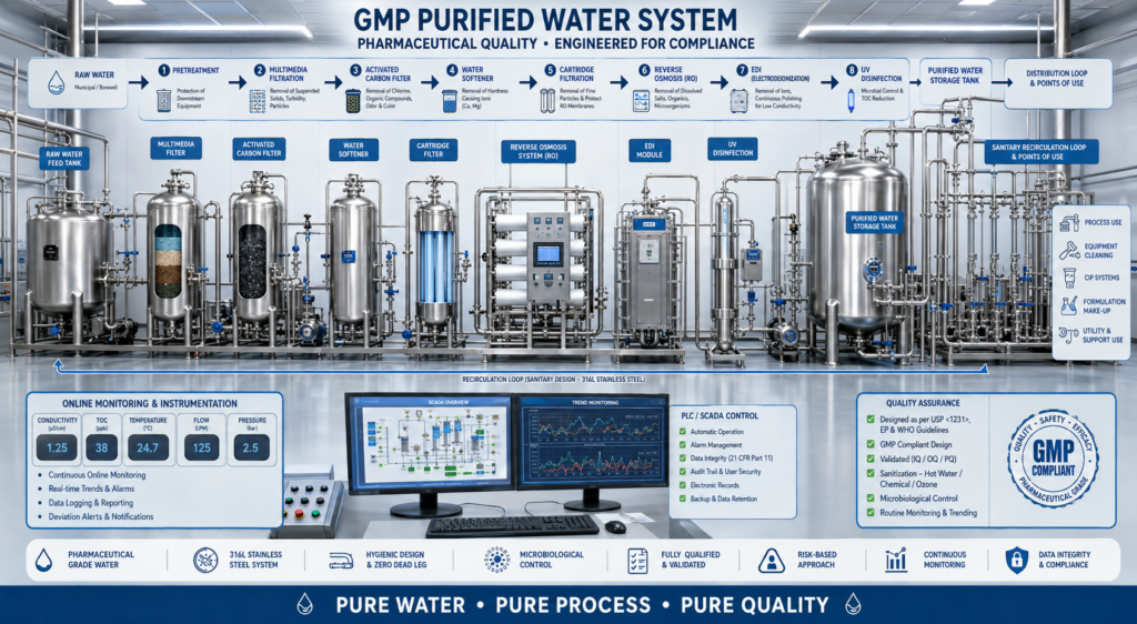 Purified water system in pharmaceutical manufacturing showing RO EDI storage tank distribution loop and GMP monitoring