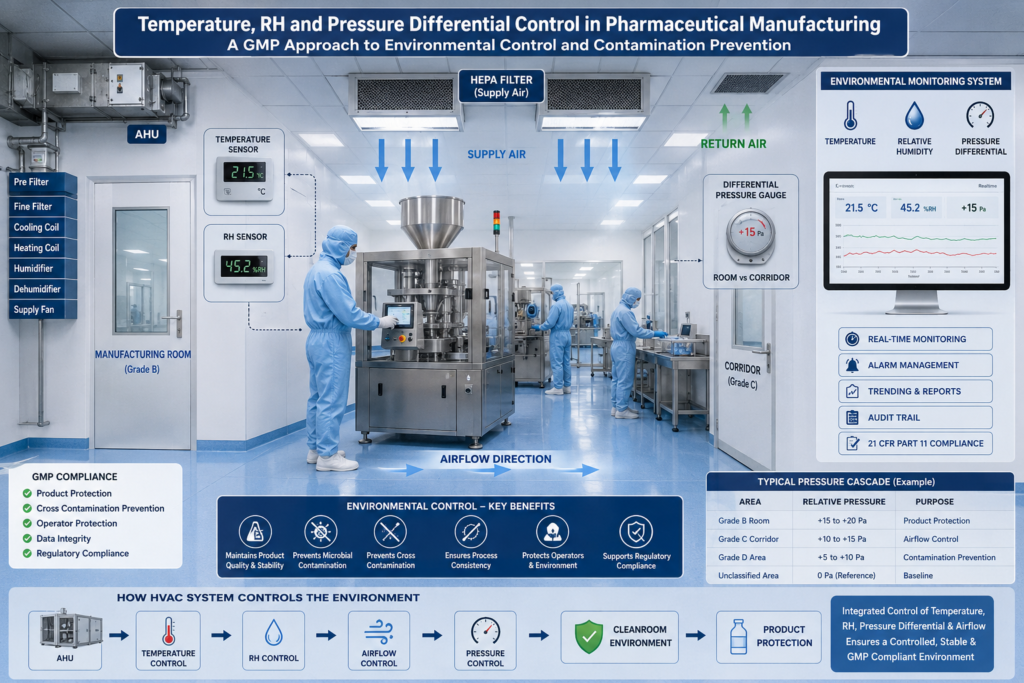 Temperature RH and pressure differential monitoring in a pharmaceutical cleanroom