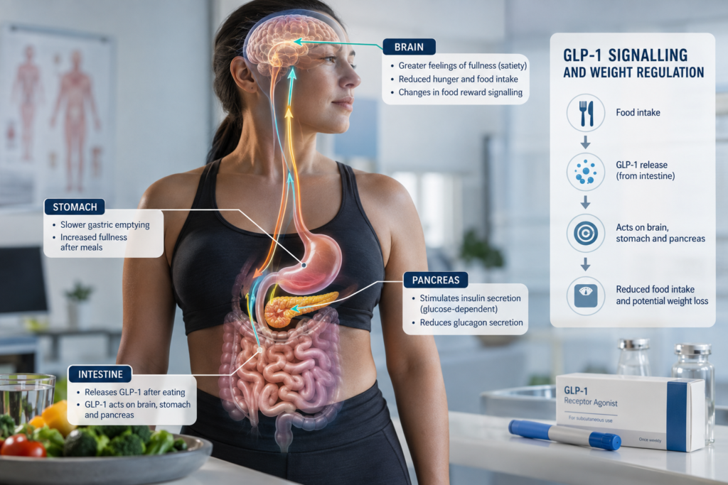 GLP-1 drugs explained through brain, stomach and pancreas pathways involved in weight loss.