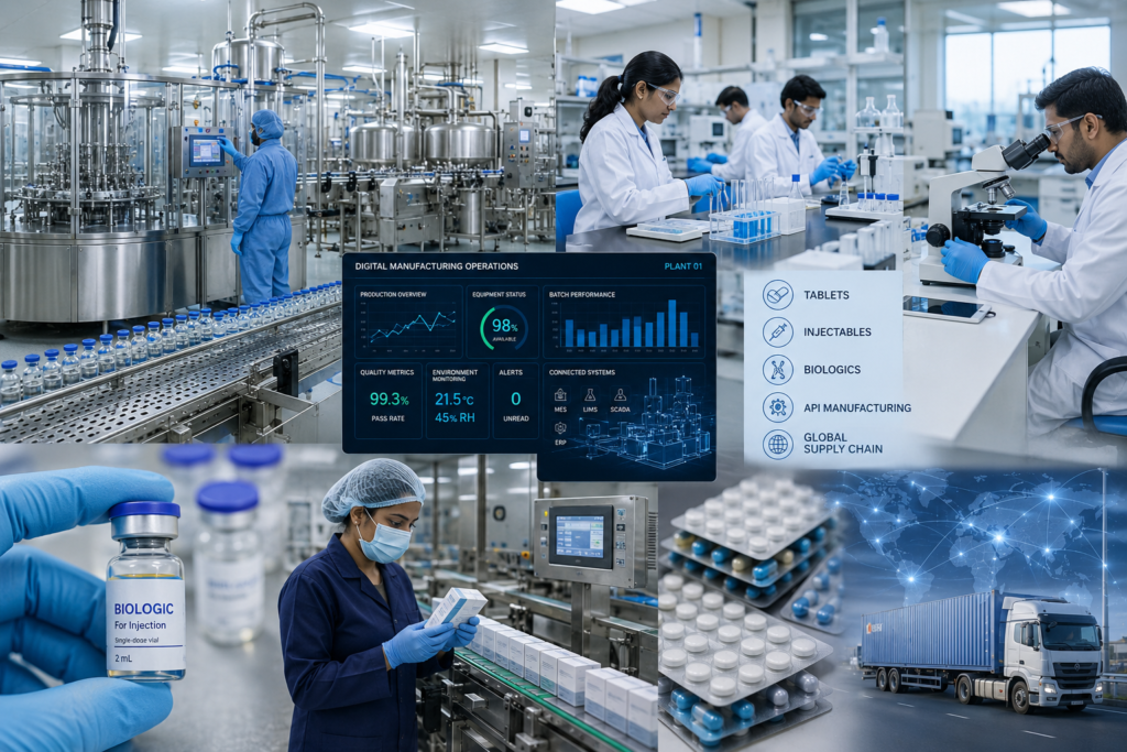 Indian pharma market trends 2026–27 showing pharmaceutical manufacturing, digital transformation, AI, biosimilars and complex generics