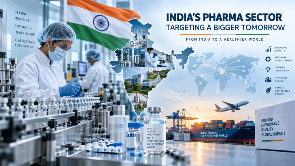 India’s expanding pharmaceutical sector, featuring pharmaceutical manufacturing, cleanroom production, Indian pharma facilities, global supply chains, innovation, and medicine exports.