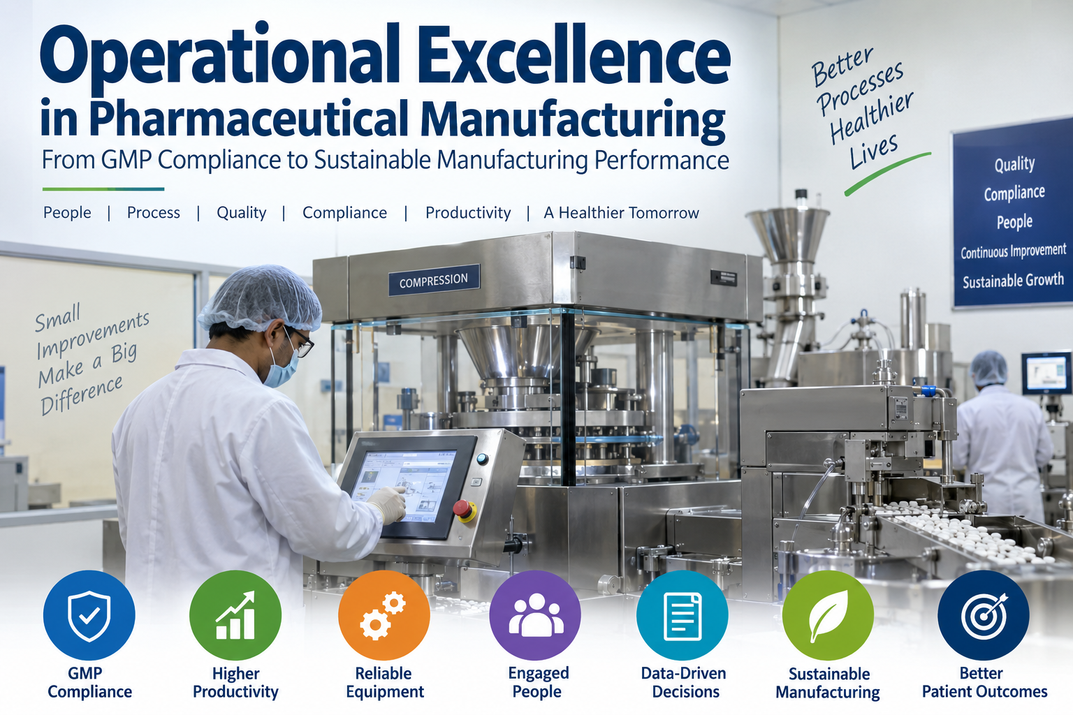 Pharmaceutical manufacturing professional operating tablet compression equipment in a GMP-compliant production environment, representing operational excellence, productivity, quality, and sustainable manufacturing