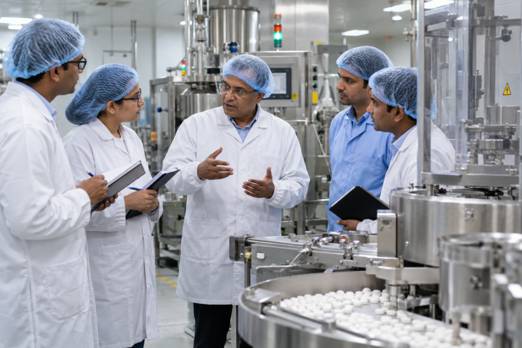 Senior pharmaceutical production leader discussing operations with a cross-functional team on an OSD tablet manufacturing floor