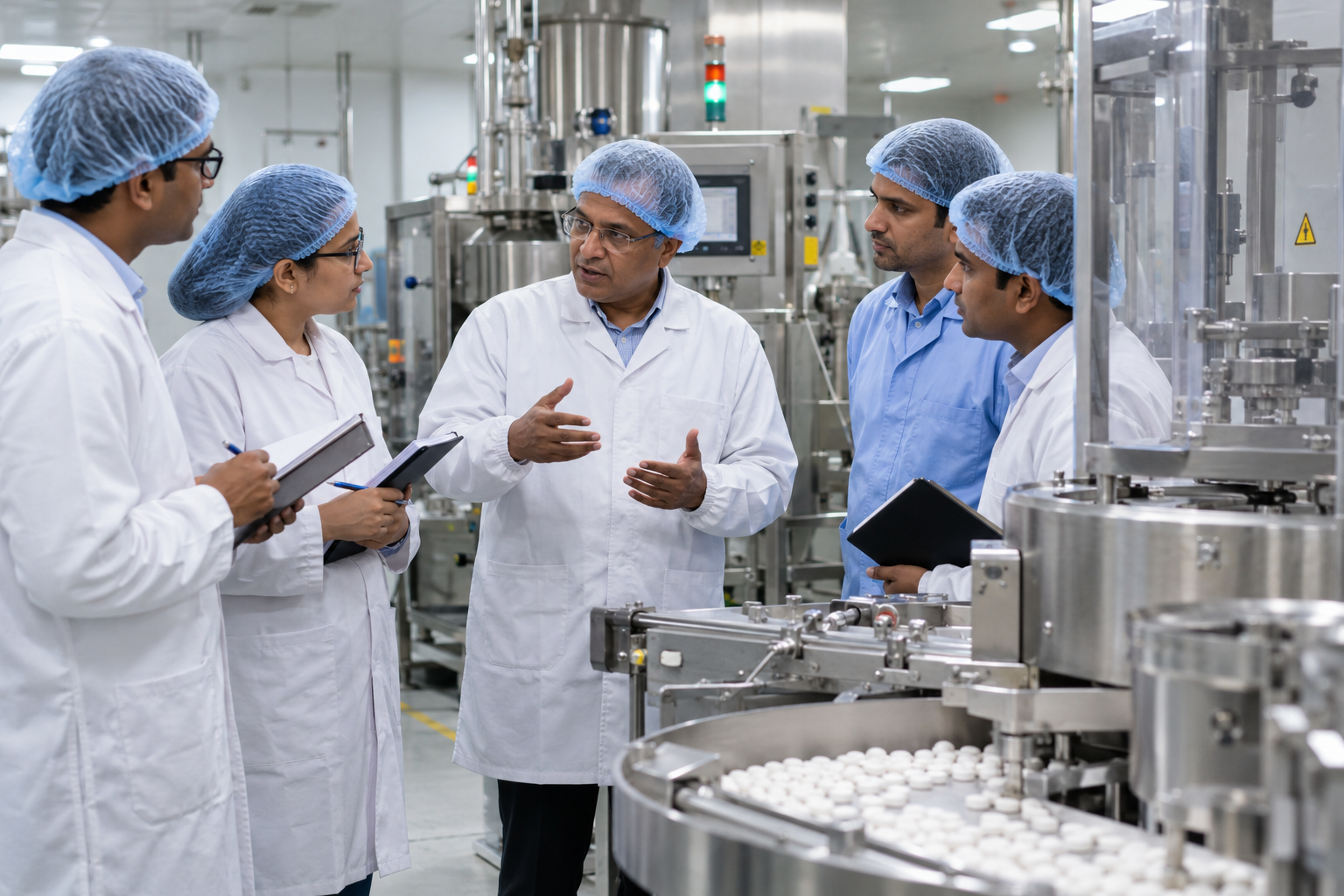 Senior pharmaceutical production leader discussing operations with a cross-functional team on an OSD tablet manufacturing floor