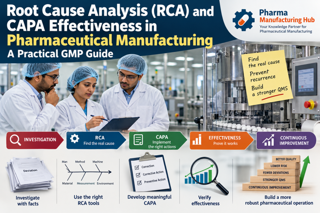 Root Cause Analysis and CAPA effectiveness process in pharmaceutical manufacturing with GMP investigation and continuous improvement