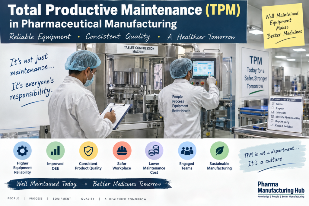 TPM in pharmaceutical manufacturing showing tablet compression equipment, equipment reliability, OEE, GMP and maintenance practices