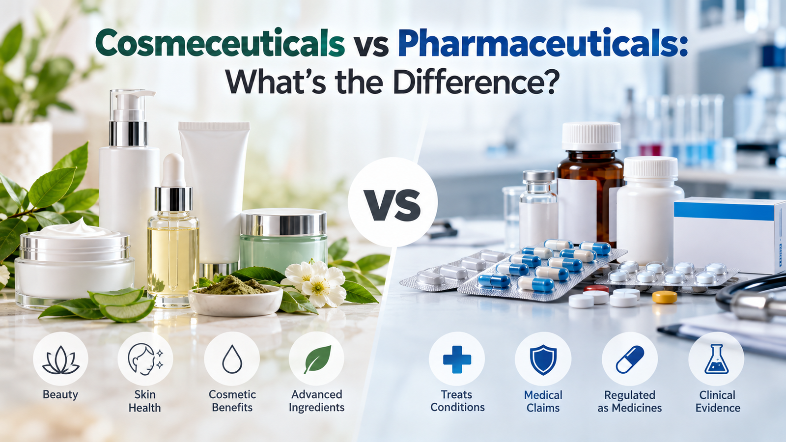 Cosmeceuticals vs Pharmaceuticals – Key Differences Alt Text: Cosmeceuticals vs pharmaceuticals showing differences in ingredients, claims, manufacturing and regulation