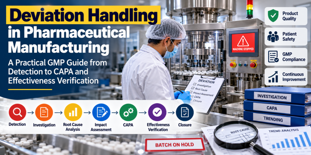 Deviation handling in pharmaceutical manufacturing showing GMP investigation, root cause analysis, CAPA and effectiveness verification