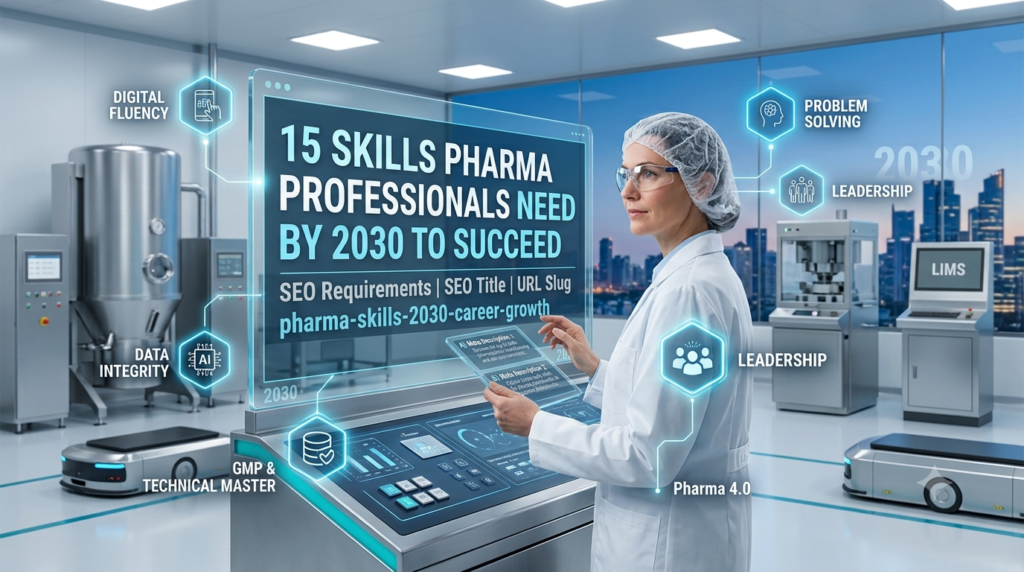 A pharmaceutical scientist in a cleanroom, wearing a lab coat and hairnet, uses a transparent touch screen. The screen displays the title '15 SKILLS PHARMA PROFESSIONALS NEED BY 2030 TO SUCCEED'. Surrounding the screen are digital icons with labels like 'DIGITAL FLUENCY', 'DATA INTEGRITY', 'GMP KNOWLEDGE', 'PROBLEM SOLVING', 'LEADERSHIP', and 'PHARMA 4.0'. Automated mobile robots (AMRs) move in the background past futuristic stainless steel equipment and a LIMS station, with a cityscape outside large windows and a subtle '2030' year indicator.