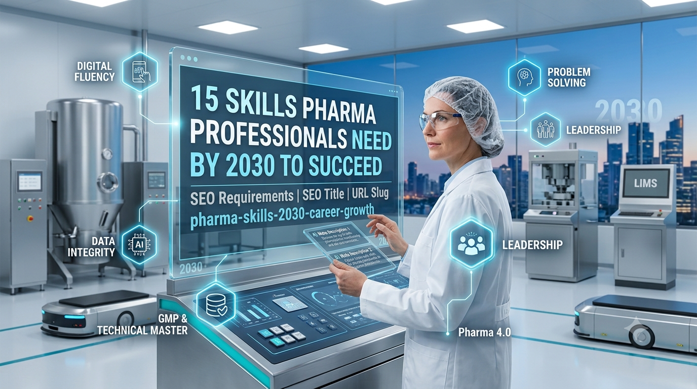 A pharmaceutical scientist in a cleanroom, wearing a lab coat and hairnet, uses a transparent touch screen. The screen displays the title '15 SKILLS PHARMA PROFESSIONALS NEED BY 2030 TO SUCCEED'. Surrounding the screen are digital icons with labels like 'DIGITAL FLUENCY', 'DATA INTEGRITY', 'GMP KNOWLEDGE', 'PROBLEM SOLVING', 'LEADERSHIP', and 'PHARMA 4.0'. Automated mobile robots (AMRs) move in the background past futuristic stainless steel equipment and a LIMS station, with a cityscape outside large windows and a subtle '2030' year indicator.